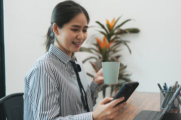 Overjoyed businesswoman happy for successful work.