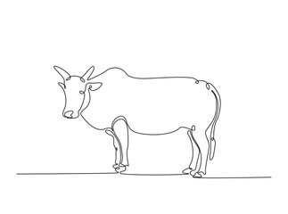 Cow single outline illustration. Continuous line art drawing of cow for farming concept. Editable stroke.