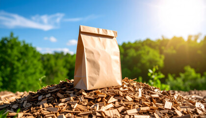 Small brown paper bag on pile of dark organic mulch in natural outdoor setting with greenery and blue sky