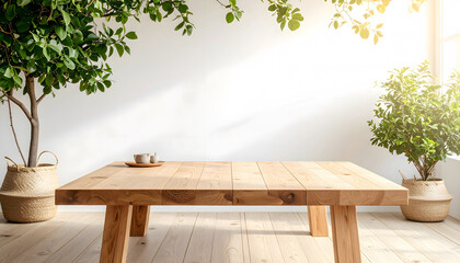 Light wood dining table in tranquil indoor setting with potted plants and large window