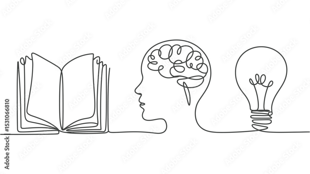 Poster learning and innovation book brain and lightbulb in one line