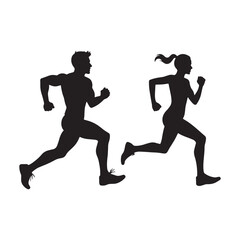 silhouettes of man and women jogging together