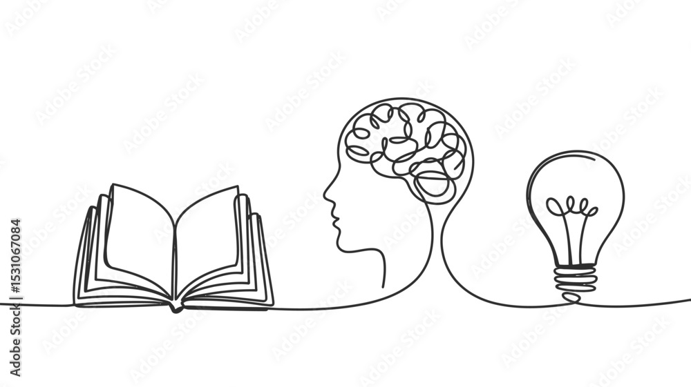 Poster continuous line drawing book brain and lightbulb representing knowledge