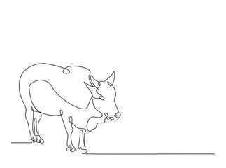 Cow single outline illustration. Continuous line art drawing of cow for farming concept. Editable stroke.