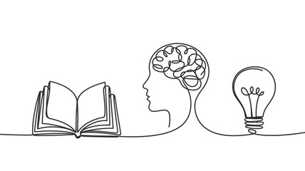Continuous Line Drawing Book Brain and Lightbulb Representing Knowledge