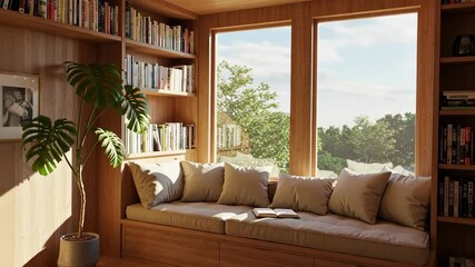 A cozy reading nook bathed in sunlight and surrounded by books. - Powered by Adobe
