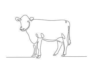 Cow single outline illustration. Continuous line art drawing of cow for farming concept. Editable stroke.