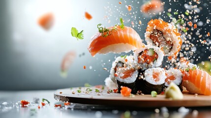 A vibrant arrangement of sushi showcasing fresh ingredients, highlighted by flying garnishes and a beautifully plated presentation that tempts the taste buds.