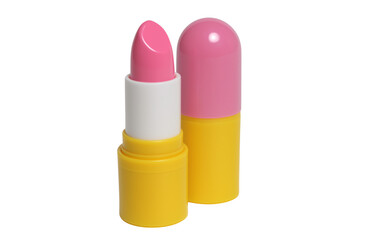 3D cartoon lipstick icon in pink and yellow on white base, beauty and cosmetic element