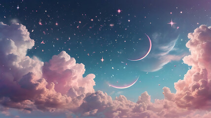 Soft pastel clouds, glowing stars, crescent moon, sparkles, and floating elements like feathers or bubbles in a magical sky. Gentle gradients of pink, lavender, and baby blue. Light, airy composition 