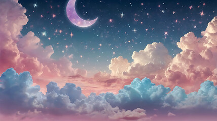 Soft pastel clouds, glowing stars, crescent moon, sparkles, and floating elements like feathers or bubbles in a magical sky. Gentle gradients of pink, lavender, and baby blue. Light, airy composition 