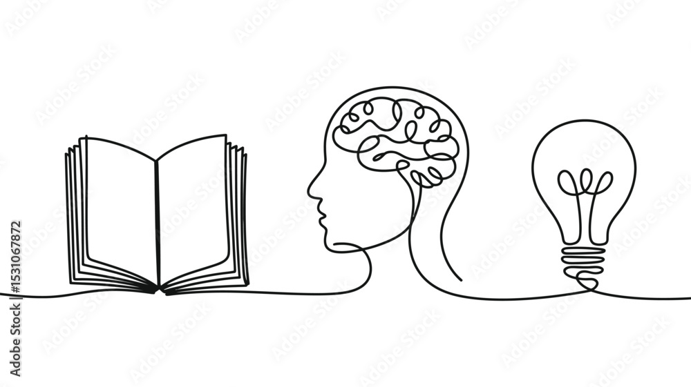 Poster learning and innovation book brain and lightbulb continuous line drawing
