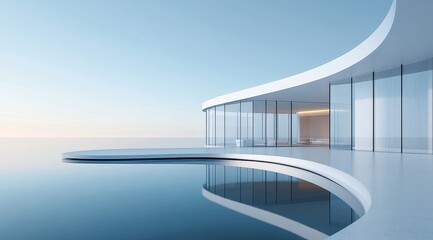 Fototapeta premium Modern Curved Building with Reflective Pool and Glass Facade