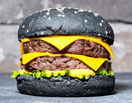 Fototapeta Burger z czarną bułką i niebieskim serem na tle cegły