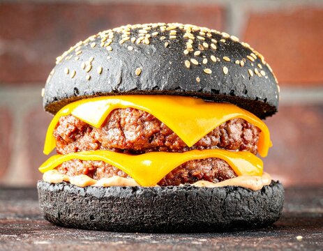 Fototapeta Burger z czarną bułką i niebieskim serem na tle cegły
