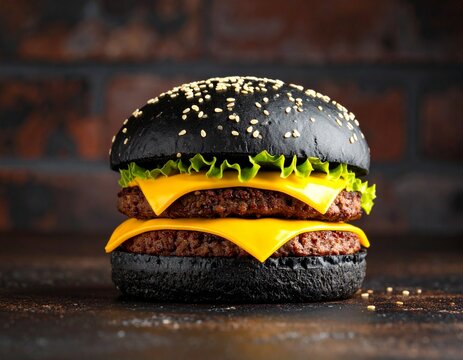 Fototapeta Burger z czarną bułką i niebieskim serem na tle cegły