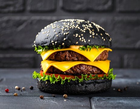 Fototapeta Burger z czarną bułką i niebieskim serem na tle cegły