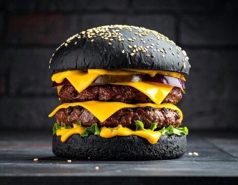 Fototapeta Burger z czarną bułką i niebieskim serem na tle cegły