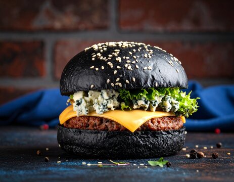Fototapeta Burger z czarną bułką i niebieskim serem na tle cegły