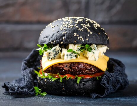Fototapeta Burger z czarną bułką i niebieskim serem na tle cegły