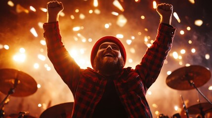 A thrilled man raising his arms in excitement amidst the dazzling lights of a concert, capturing the electrifying atmosphere of live music and the joy of being part of an experience.