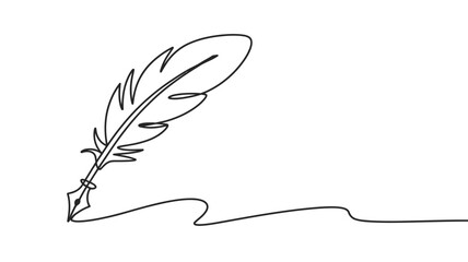Elegant Feather Quill Pen Continuous Line Drawing on White Background