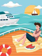 people relaxing on a cruise ship with watermelon illustration