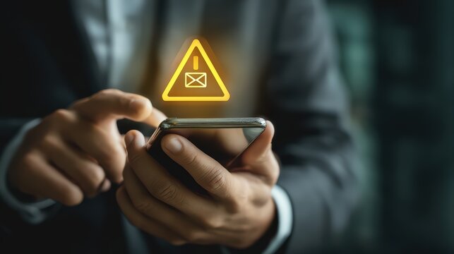 Businessman using smartphone with an email warning icon depicting a potential security alert or malicious message received on a digital device.