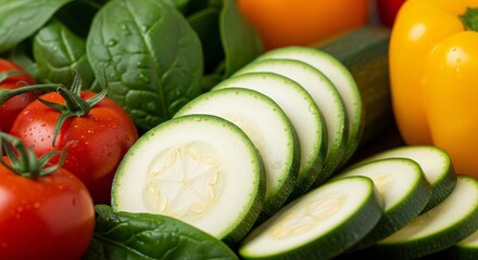 Fresh sliced zucchini with tomatoes, spinach, and bell peppers. Healthy eating and vegetarian food concept for cooking banners.