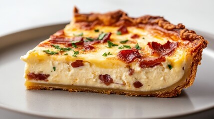 A scrumptious slice of bacon and egg quiche is showcased on a elegant plate, perfect for brunch or a hearty breakfast gathering to satisfy any appetite.