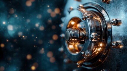 This detailed close-up showcases a unique metallic gear mechanism with shiny components, revealing its intricate design and the beauty of engineering in a cosmic backdrop.