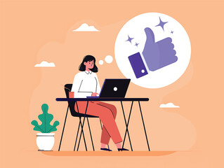 Woman Working on Laptop, Positive Feedback, Thumbs Up, Vector Illustration