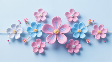 Ceramic flowers on wire against blue background