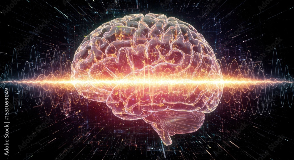 Poster glowing cerebral brain structure illuminated with golden lines against dark background representing 