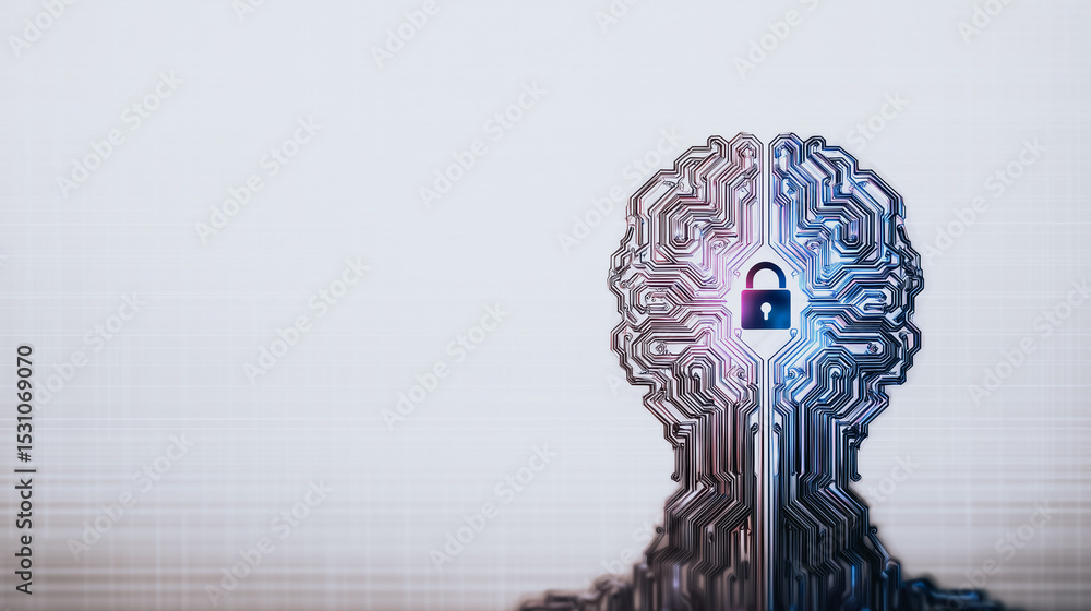Poster secure mind: a striking visualization of a brain rendered as a circuit board, a digital lock superim