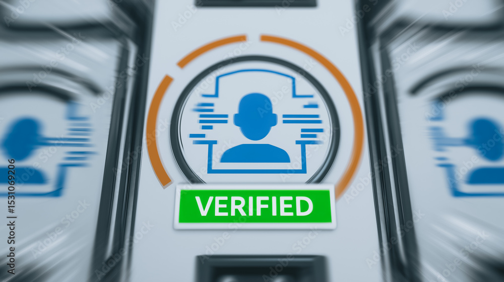 Poster facial recognition system: a visual of a modern facial recognition system, depicting verification, s