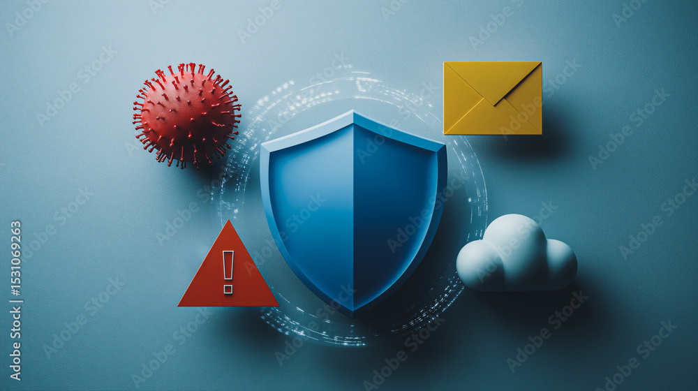 Poster cybersecurity shield: a vivid representation of digital defense, featuring a robust shield surrounde