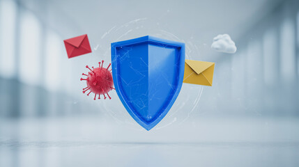 Cyber Shield: A vibrant 3D rendered depiction of a protective shield against a backdrop of cyber threats.