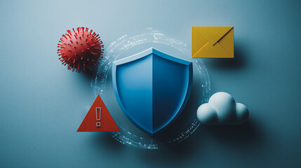 Cybersecurity Shield: A vivid representation of digital defense, featuring a robust shield surrounded by symbolic elements representing virus threats, data protection, cloud security.