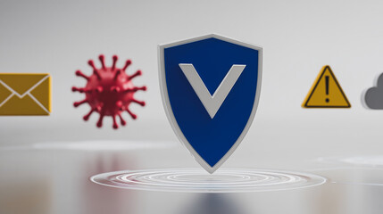 Shield of Security: A digital shield stands as a bulwark against potential threats, accompanied by symbols representing various dangers, with a pristine, minimalist background. 