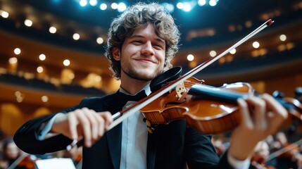 Fototapeta premium A confident young violinist smiles while playing his instrument in front of an engaged audience, conveying passion for music and the joy of performance in a grand concert setting.