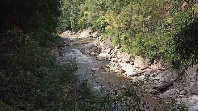 flowing water stream creek river rock stone. Tranquil summer nature view