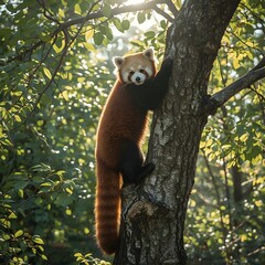 Fototapeta premium Red Panda Climbs a Tree: A vibrant image of a red panda gracefully ascending a tree, its rusty-red fur and captivating eyes contrasting against the sun-dappled foliage.