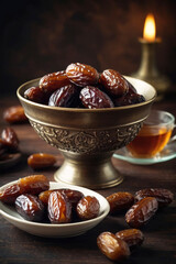 Delicious dried dates in a decorative bowl with tea at evening time