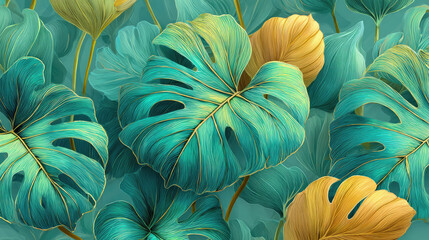 Tropical leaves with teal and golden hues create vibrant pattern