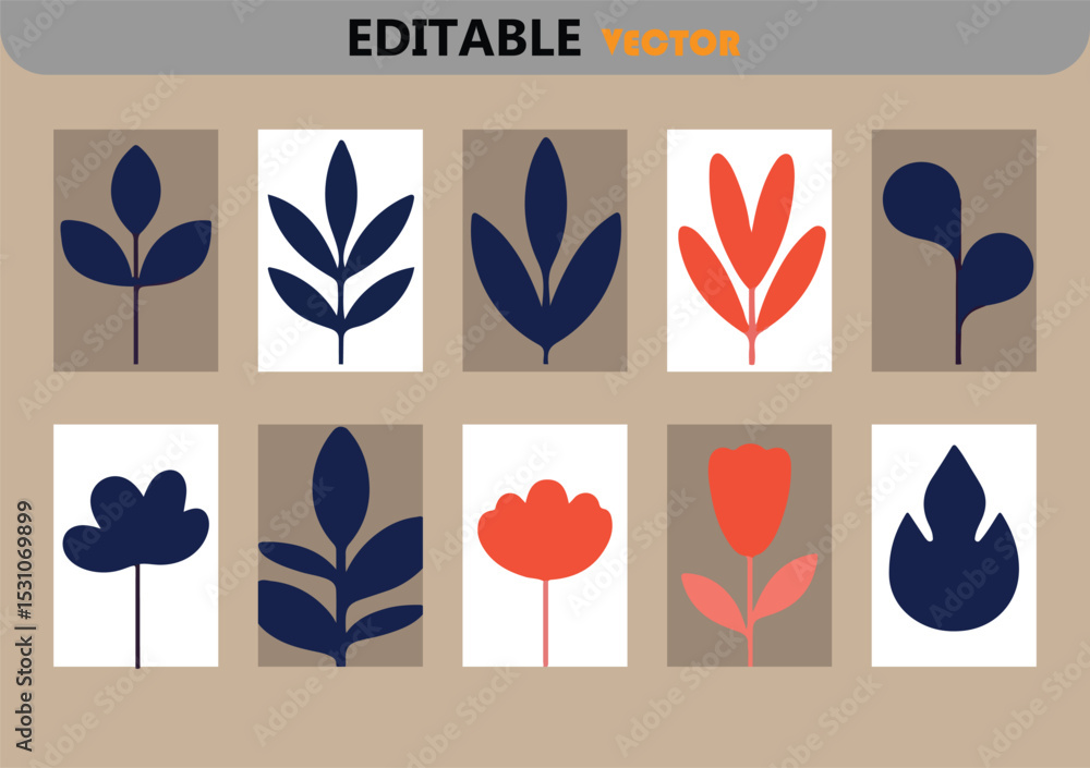 Poster botanical vector art set with abstract leaves and flowers in minimalist style for graphic design pro