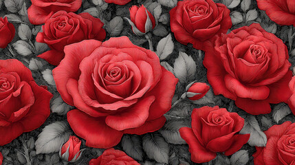 Red rose flowers with detailed leaves create romantic and elegant