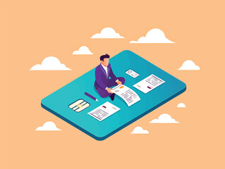 Isometric Illustration Businessman Reviewing Documents on Credit Card