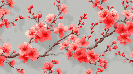 Cherry blossom branch with red flowers and buds on gray background