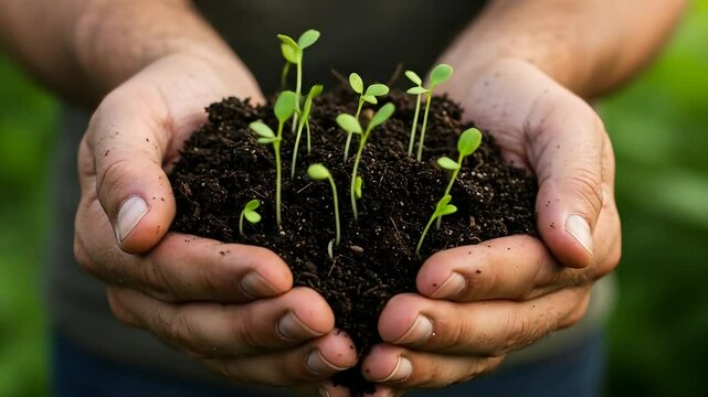 Close Up Of Hands Holding Growing Seedlings Plants In Soil